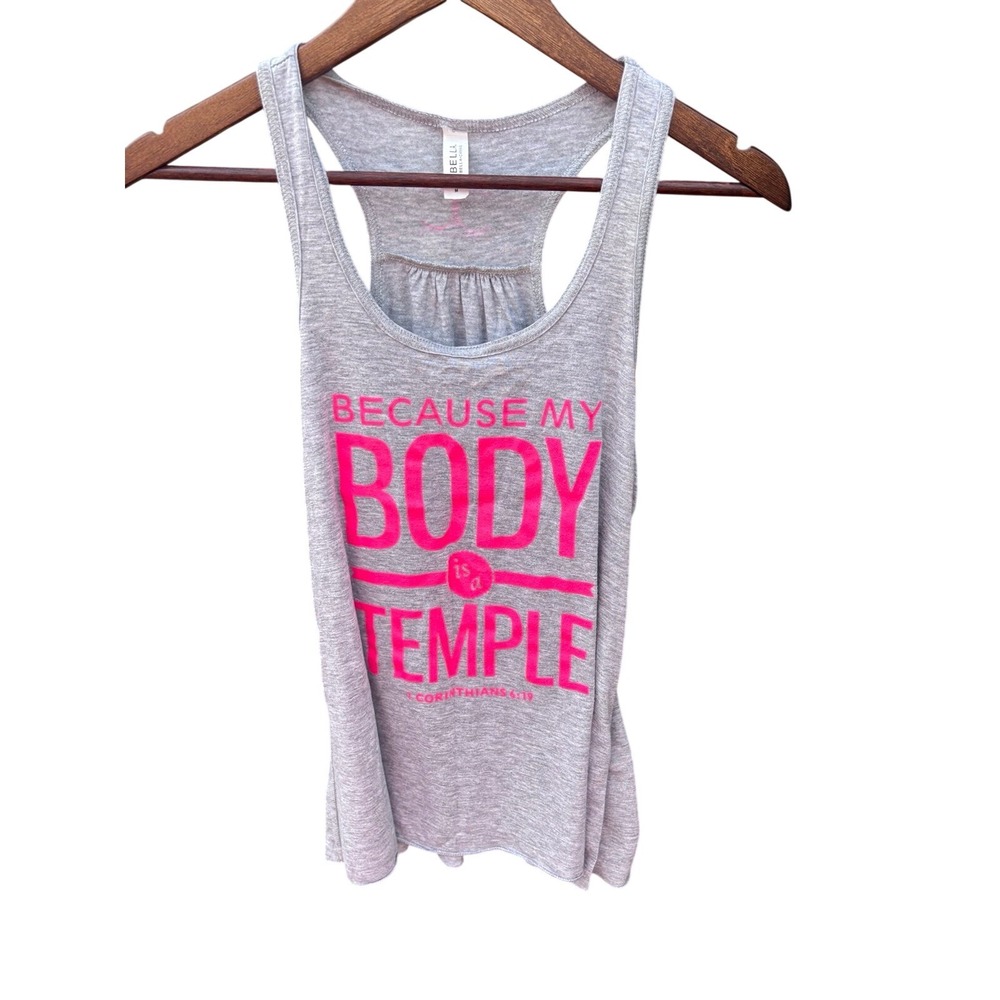 Bella Canvas Tank Top Women MeD Gray Pink Body Is A Temple EXCELLENT CONDITION